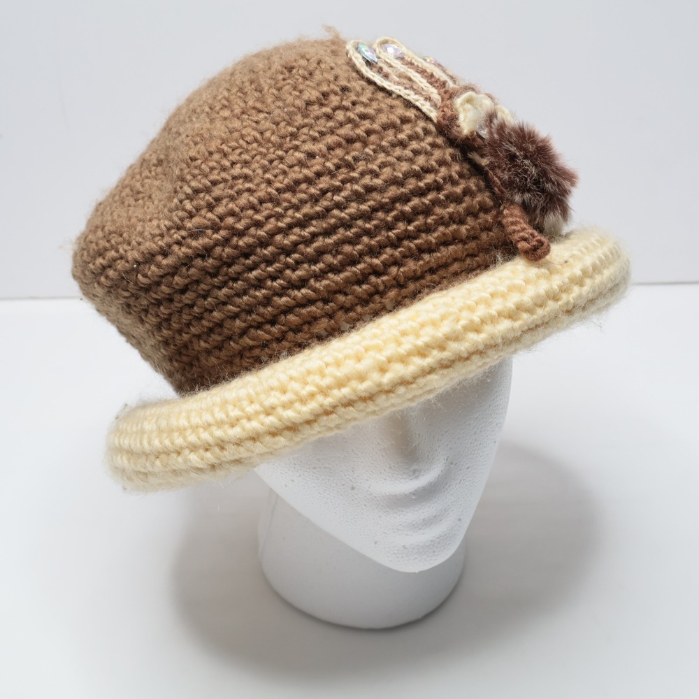 Handmade Crochet Knit Beanie Hat Brown Cream Faux Fur Pom Rhinestone Accent